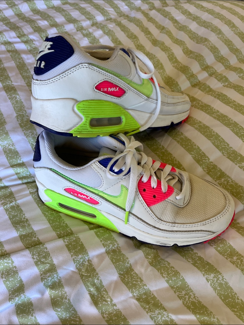 Nike Air Max White Sneakers with Neon Green & Bright Pink Accents
